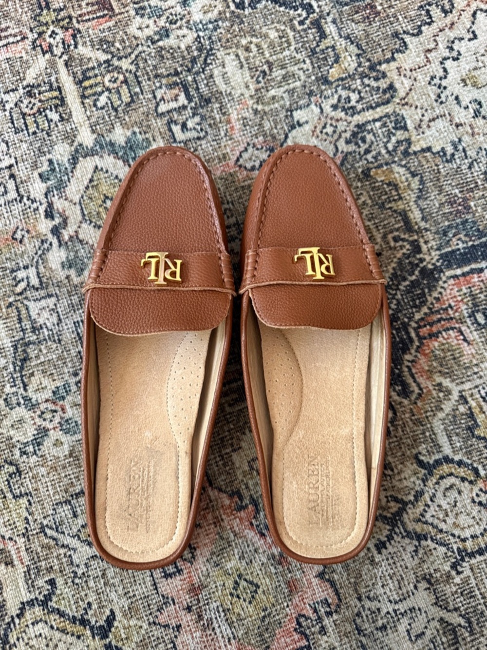 Lauren Ralph Lauren Barnsbury Pebbled Tan Leather Backless Mules Size 8 - Picture 3 of 5
